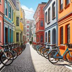 **A vibrant cityscape scene depicting the sharing economy in action: shared bikes on the streets, cozy Airbnb apartments in traditional alleyways (弄堂), and modern co-working spaces.  Bright, daytime shot.**