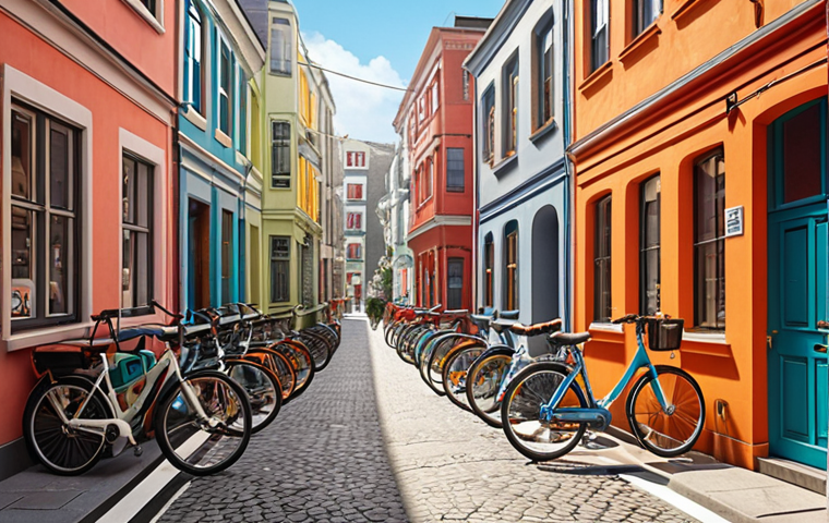 **A vibrant cityscape scene depicting the sharing economy in action: shared bikes on the streets, cozy Airbnb apartments in traditional alleyways (弄堂), and modern co-working spaces.  Bright, daytime shot.**