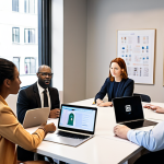 **

A group of diverse business professionals gathered around a table, engaged in a lively discussion. A strong, confident leader stands at the head of the table, gesturing with their hand while maintaining eye contact with the team. The atmosphere is collaborative and transparent, with open laptops and documents scattered across the table. The background is a modern, well-lit office space. The scene evokes a sense of trust, ethical decision-making, and open communication. The style is realistic with a focus on capturing natural human expressions and dynamic interaction.
**