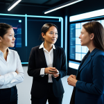 A professional female venture capitalist and a diverse group of startup founders engaged in an insightful discussion within a modern, high-tech deep technology laboratory. All subjects are fully clothed in professional business attire, observing glowing screens displaying complex data and advanced equipment in the background. The atmosphere is collaborative and forward-looking. safe for work, appropriate content, fully clothed, professional, modest clothing, perfect anatomy, correct proportions, natural pose, well-formed hands, proper finger count, natural body proportions, professional photography, high quality, sharp focus.