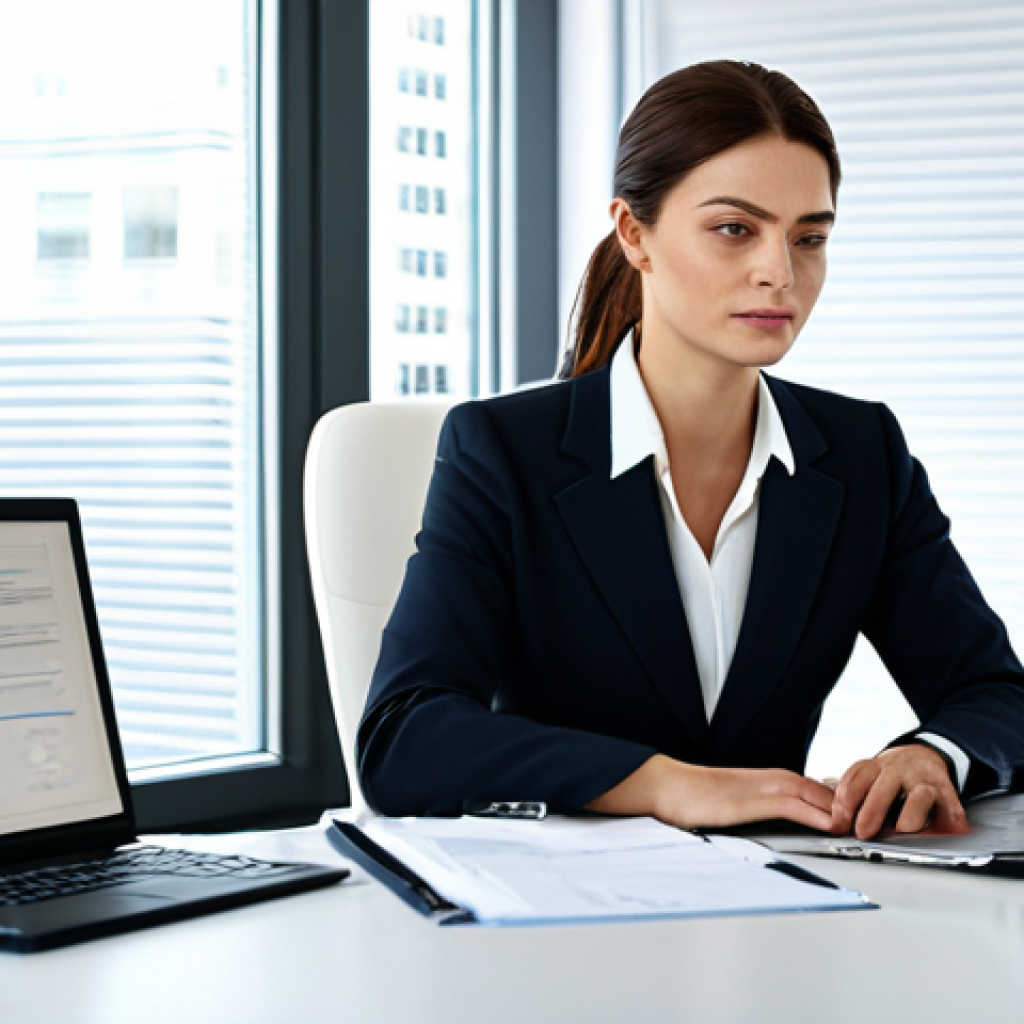 **Image Prompt:** "A modern office scene, featuring a businesswoman in a professional business suit, fully clothed, working at her desk with a computer and documents. The office should look clean and efficient, with soft, natural lighting. Safe for work, appropriate content, perfect anatomy, natural proportions, professional."