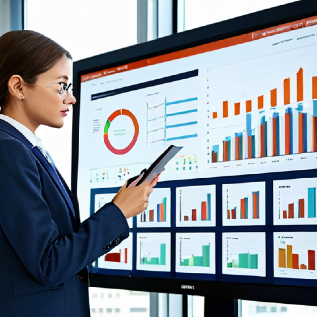 디지털 경영 - **Prompt:** "A bright, modern office interior. A businesswoman in a professional, modest business su...