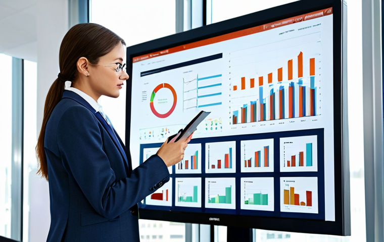 디지털 경영 - **Prompt:** "A bright, modern office interior. A businesswoman in a professional, modest business su...