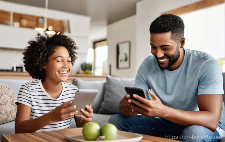 정보 시스템 - **Prompt:** A diverse, modern family, including a mother, father, and a pre-teen child, is comfortab...