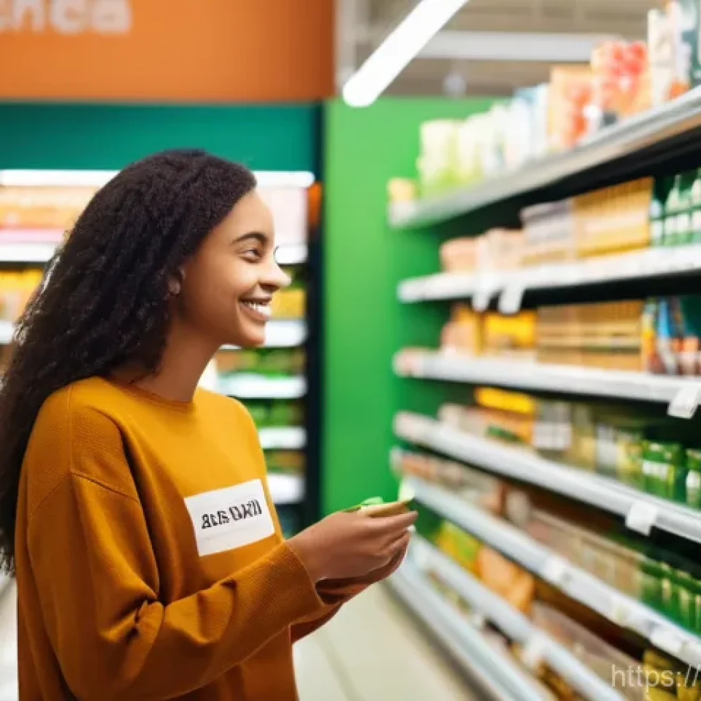 사회적 책임 경영 - **Prompt:** A smiling young adult, likely Gen Z or Millennial, thoughtfully examines a product on a ...