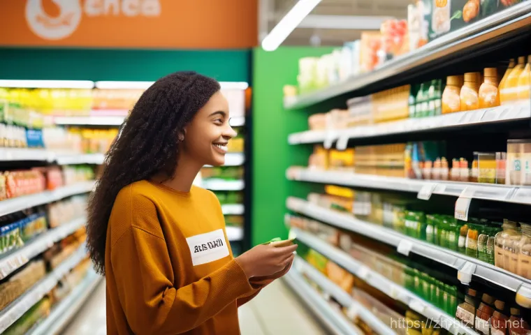 사회적 책임 경영 - **Prompt:** A smiling young adult, likely Gen Z or Millennial, thoughtfully examines a product on a ...