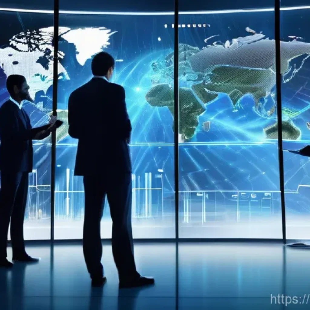 비즈니스 인텔리전스 - **Prompt:** A sleek, modern business office setting. A diverse group of business professionals, dres...