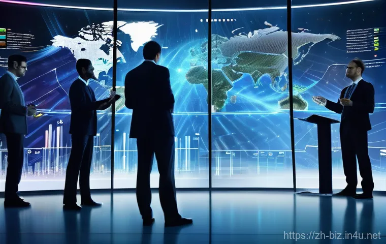 비즈니스 인텔리전스 - **Prompt:** A sleek, modern business office setting. A diverse group of business professionals, dres...