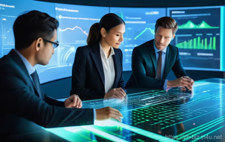 경제학적 평가 방법 - **Prompt:** A visually rich, futuristic image depicting a diverse group of four professionals (two m...