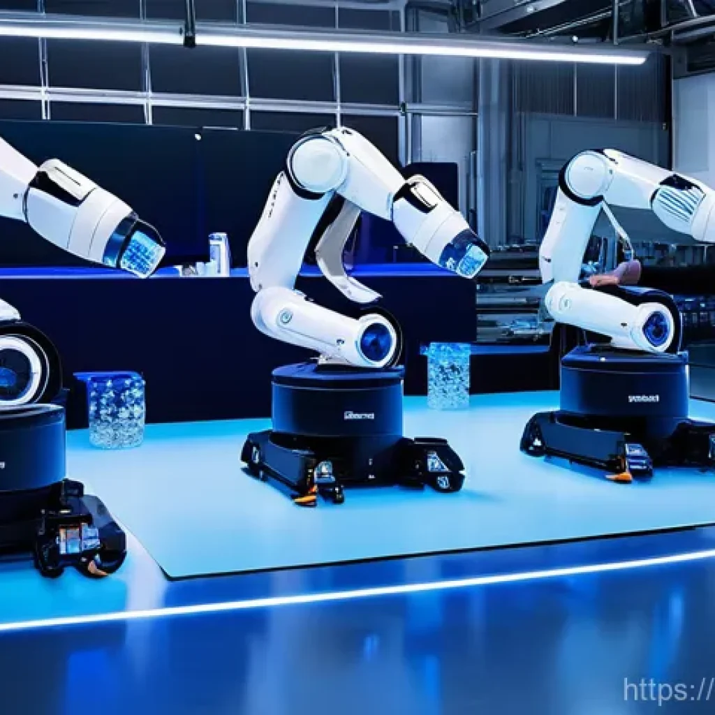 제조업 혁신 - A brightly lit, spacious, and ultra-modern smart factory floor, designed with clean lines and a poli...