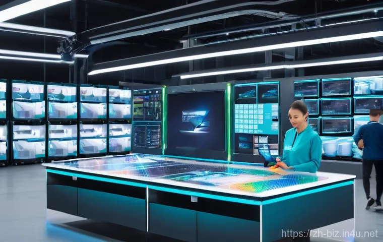 제조업 혁신 - A futuristic green manufacturing control center, bathed in soft, ambient lighting that suggests a co...