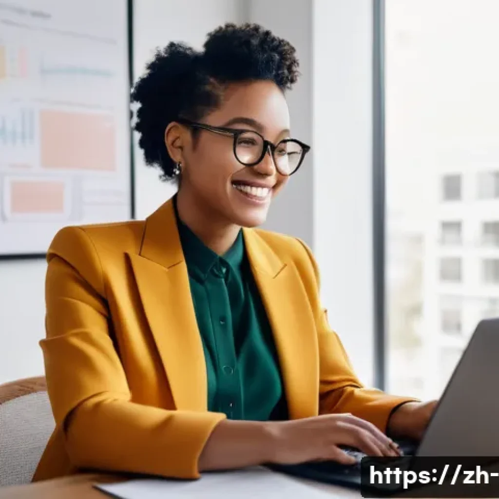 자산 관리 - **Prompt:** A young woman in her late 20s, dressed in a stylish business casual outfit (blazer, blou...