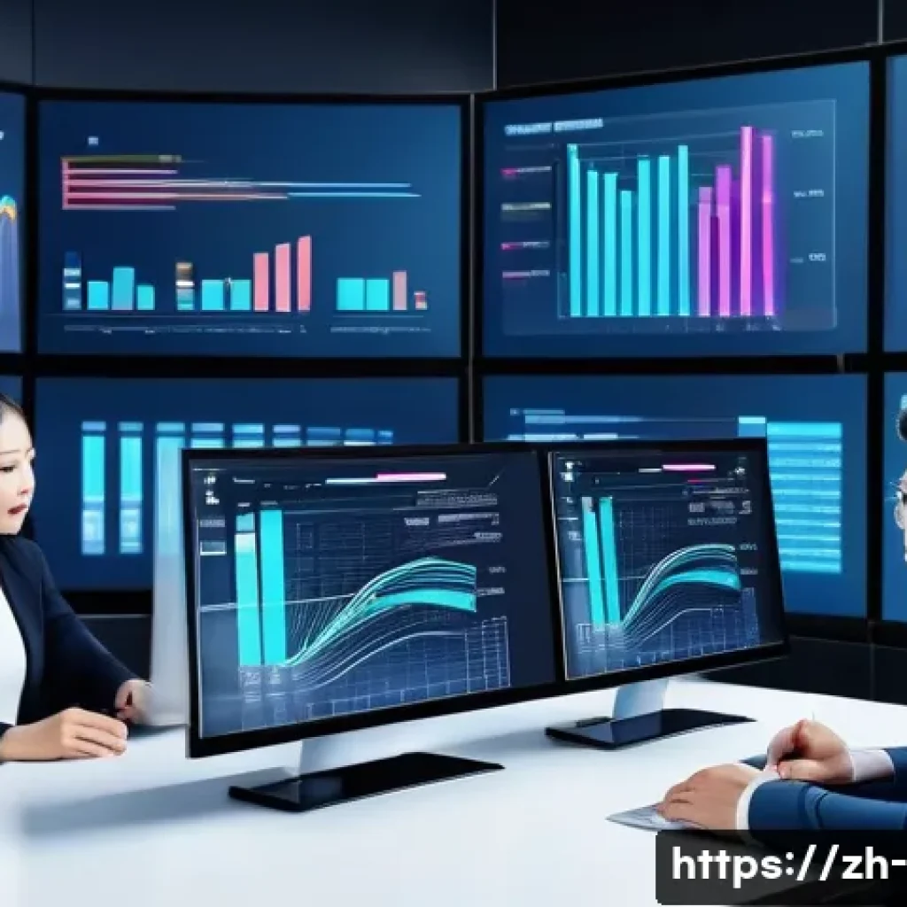 광고 효과 분석 - A modern digital marketing control room with multiple large screens displaying real-time advertising...