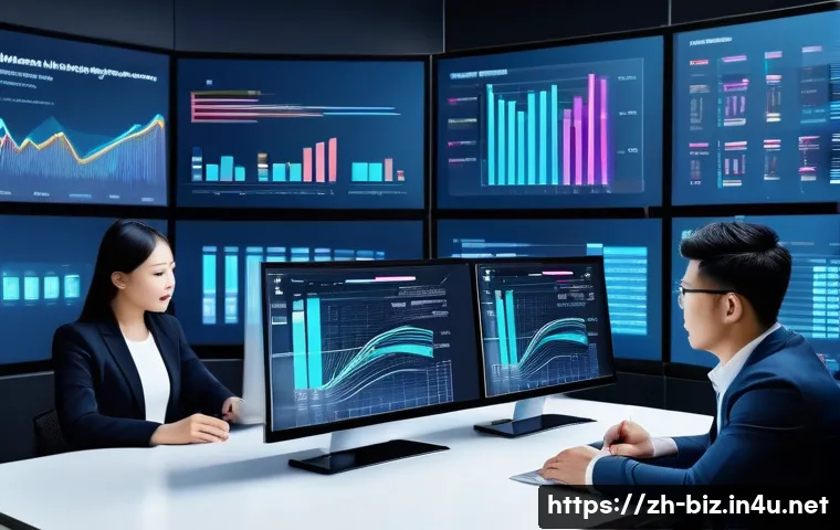 광고 효과 분석 - A modern digital marketing control room with multiple large screens displaying real-time advertising...