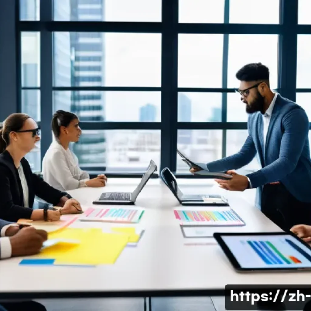 제품 개발 전략 - A modern office scene depicting a diverse team of professionals engaged in a dynamic agile developme...