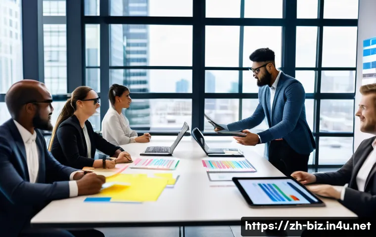 제품 개발 전략 - A modern office scene depicting a diverse team of professionals engaged in a dynamic agile developme...