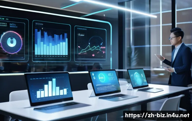 기업 정보 시스템 - A futuristic corporate office scene showing diverse professionals collaborating seamlessly around tr...
