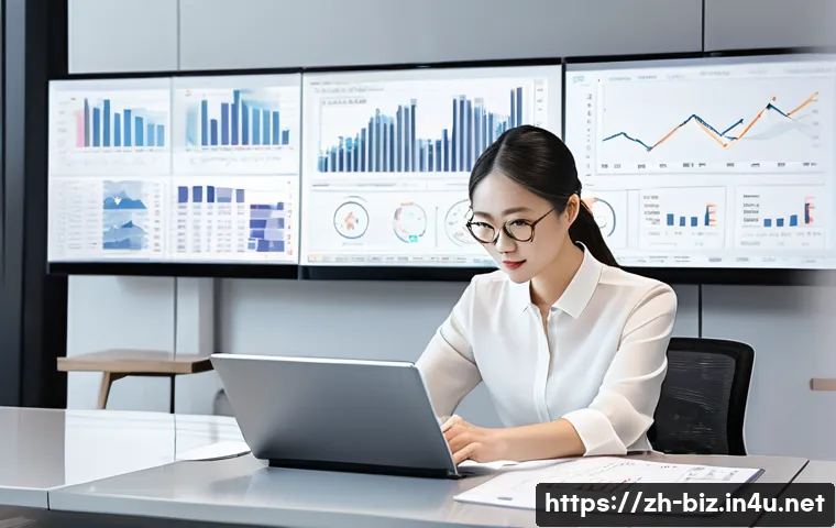 재무 보고서 작성 - A modern office scene featuring a professional Chinese financial analyst in smart business attire, s...