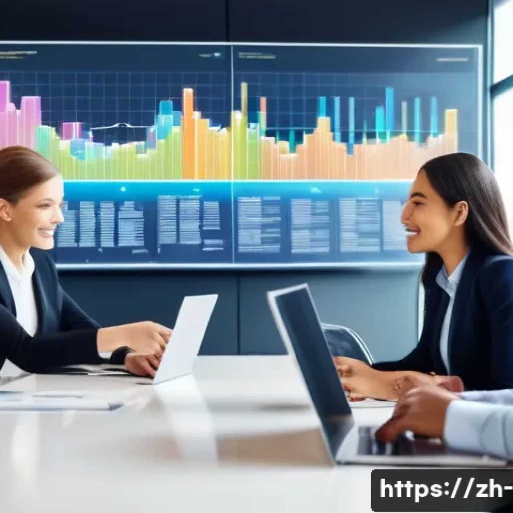 전략 경영 - A modern corporate office scene showing a diverse business team collaborating around a large digital...