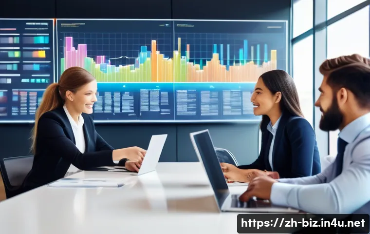 전략 경영 - A modern corporate office scene showing a diverse business team collaborating around a large digital...