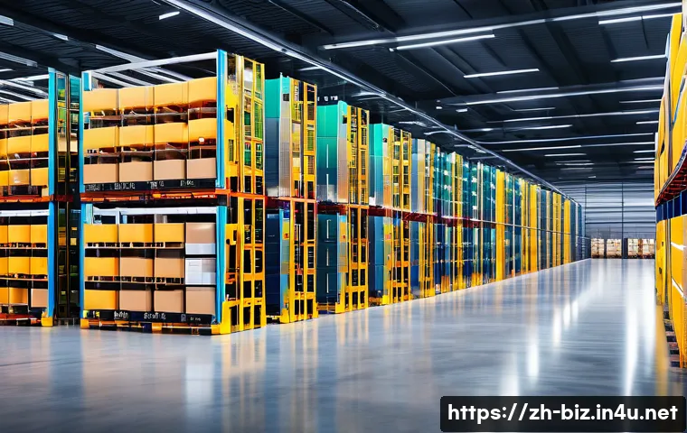 공급망 경제학 - A modern smart warehouse interior featuring rows of automated shelving systems and robots efficientl...