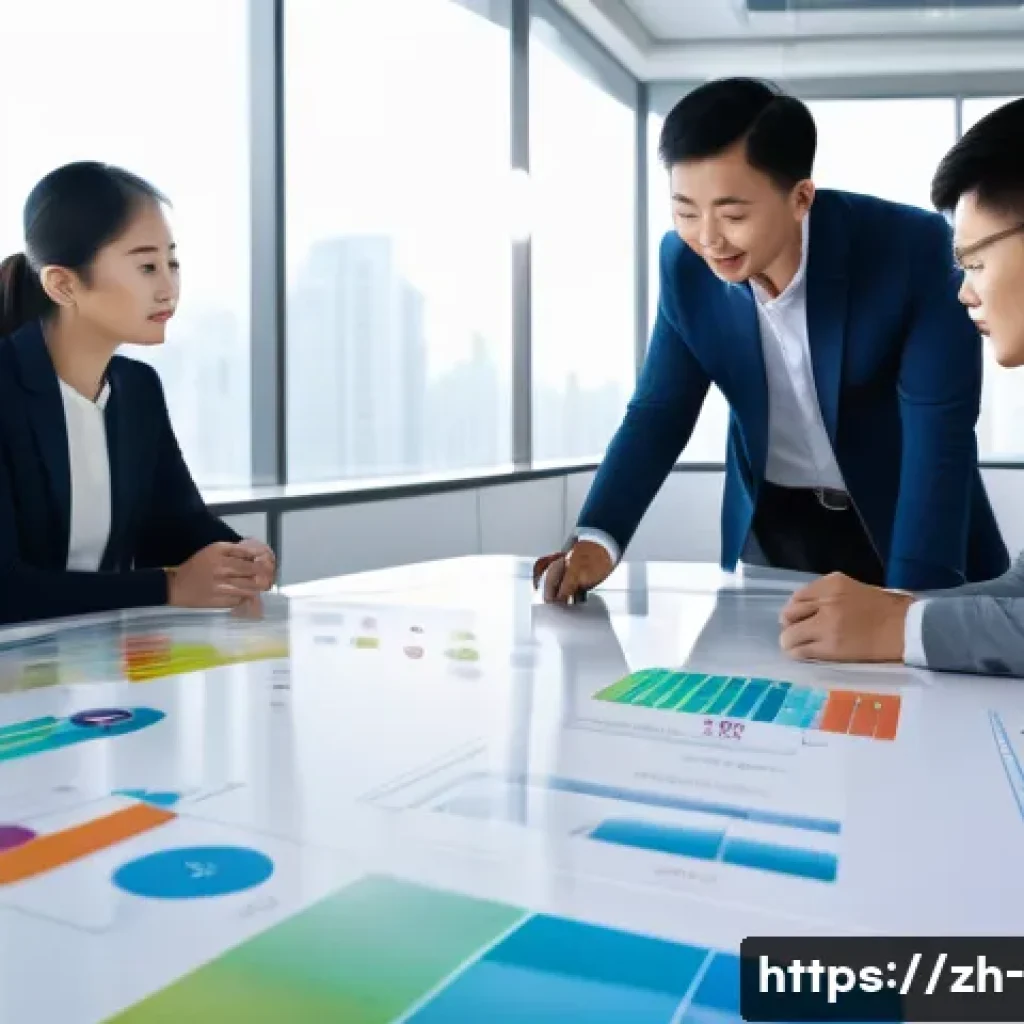 직무 분석 - A modern office scene showing a diverse team of Chinese professionals collaborating around a large c...