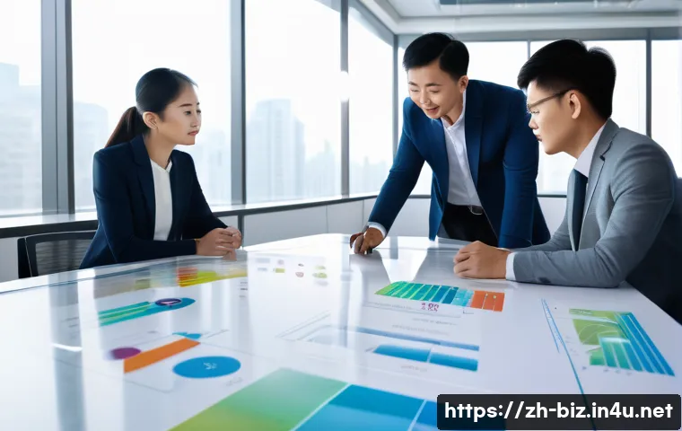 직무 분석 - A modern office scene showing a diverse team of Chinese professionals collaborating around a large c...