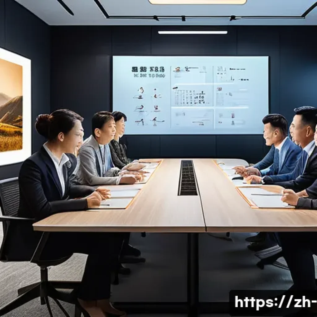 경영 전략과 기업 문화의 관계 - A modern corporate office scene depicting a diverse team of professionals collaborating enthusiastic...