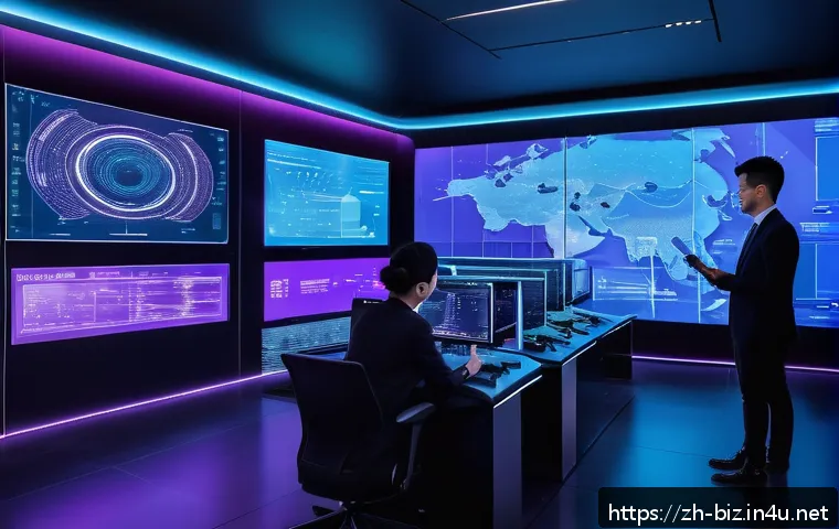 디지털 마케팅 - A futuristic digital marketing control room with multiple holographic screens displaying personalize...