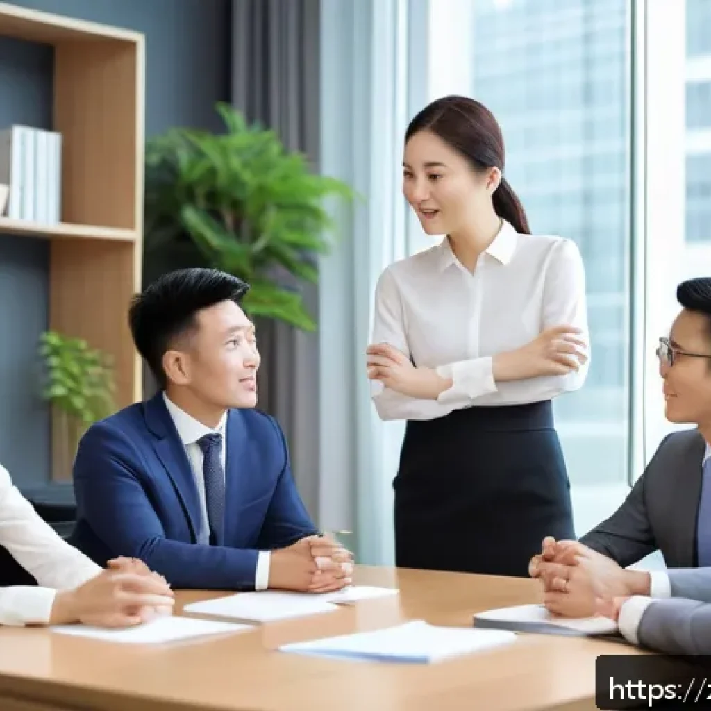 조직 리더십 스타일 - A modern office scene depicting a soft leadership style in action: a diverse team of Chinese profess...
