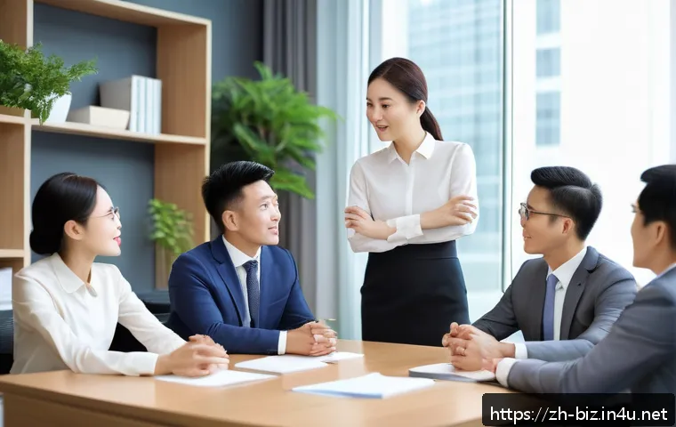 조직 리더십 스타일 - A modern office scene depicting a soft leadership style in action: a diverse team of Chinese profess...