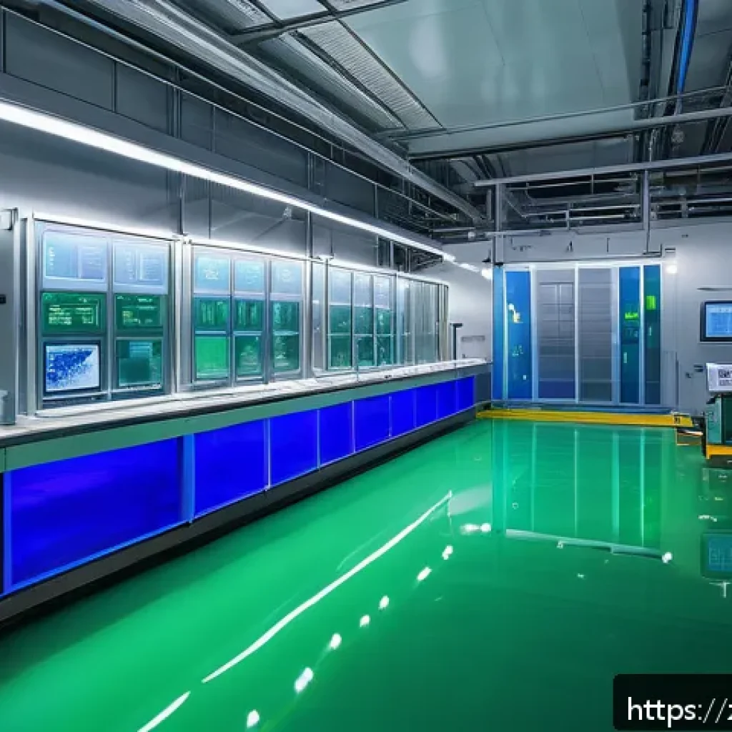 환경 친화적인 기업 전략 - A futuristic wastewater treatment plant interior featuring advanced smart environmental sensors and ...