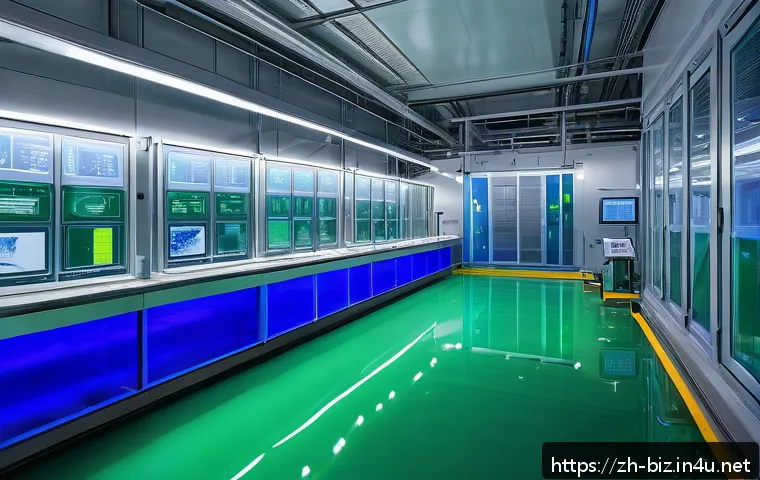 환경 친화적인 기업 전략 - A futuristic wastewater treatment plant interior featuring advanced smart environmental sensors and ...