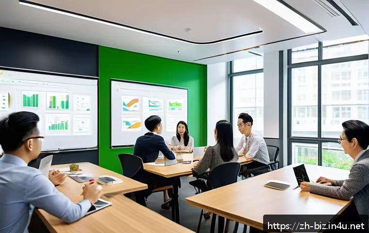 경쟁 우위 창출 - A modern open office environment filled with diverse team members collaborating enthusiastically aro...