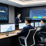 재무 회계 - A modern corporate office setting with a diverse financial team analyzing colorful, interactive data...