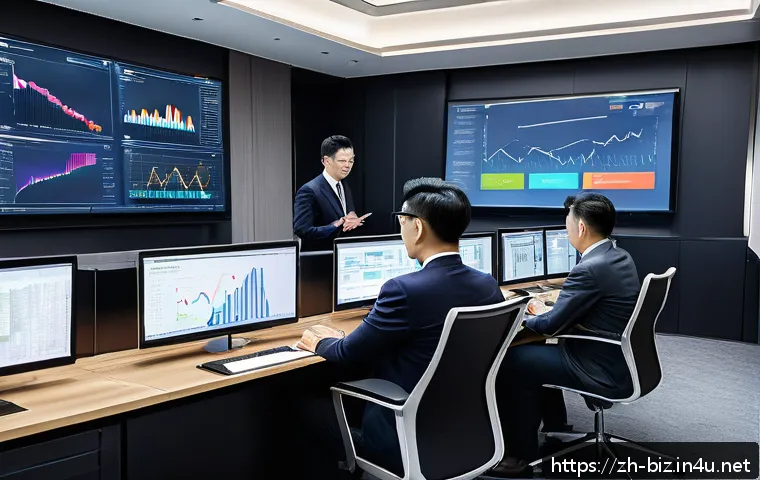 재무 회계 - A modern corporate office setting with a diverse financial team analyzing colorful, interactive data...