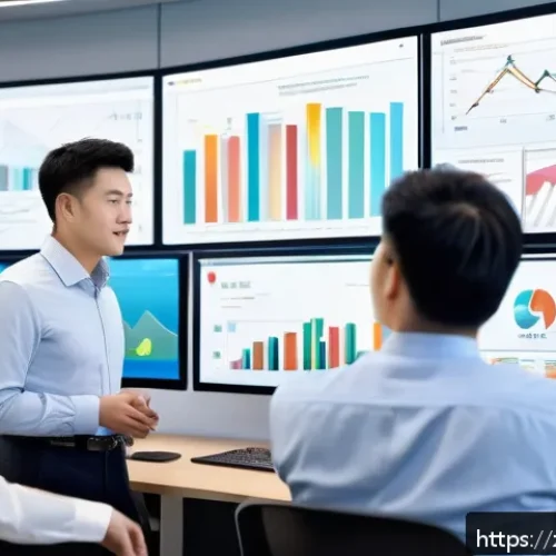 마케팅 리서치 - A modern office scene showing a diverse group of Chinese professionals analyzing customer behavior d...