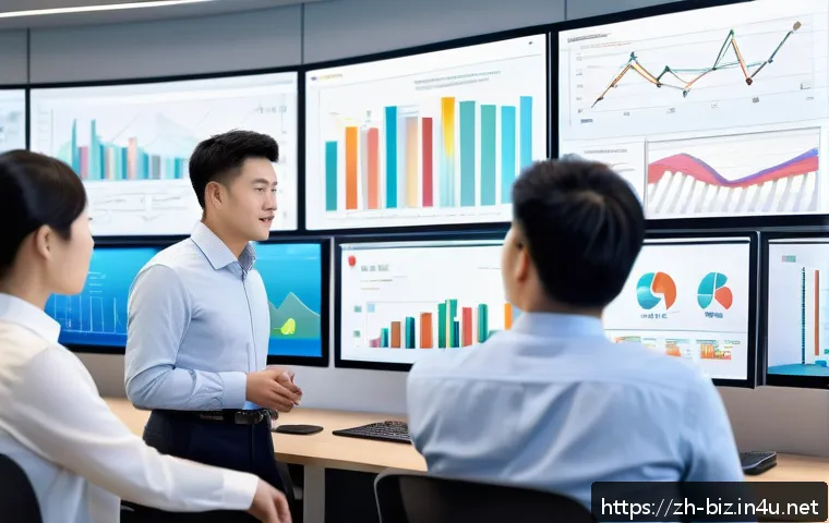 마케팅 리서치 - A modern office scene showing a diverse group of Chinese professionals analyzing customer behavior d...