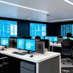 정보 보안 관리 - A modern corporate office environment showcasing a diverse group of employees working at their desks...