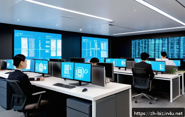 정보 보안 관리 - A modern corporate office environment showcasing a diverse group of employees working at their desks...