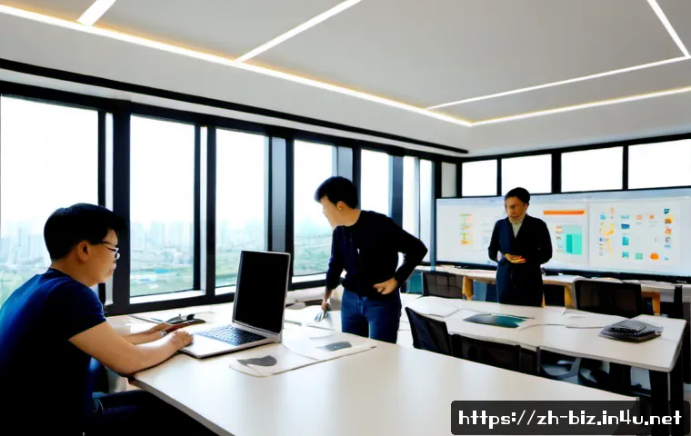 정보 시스템 개발 - Photorealistic modern information systems development workspace, diverse software engineers collabor...