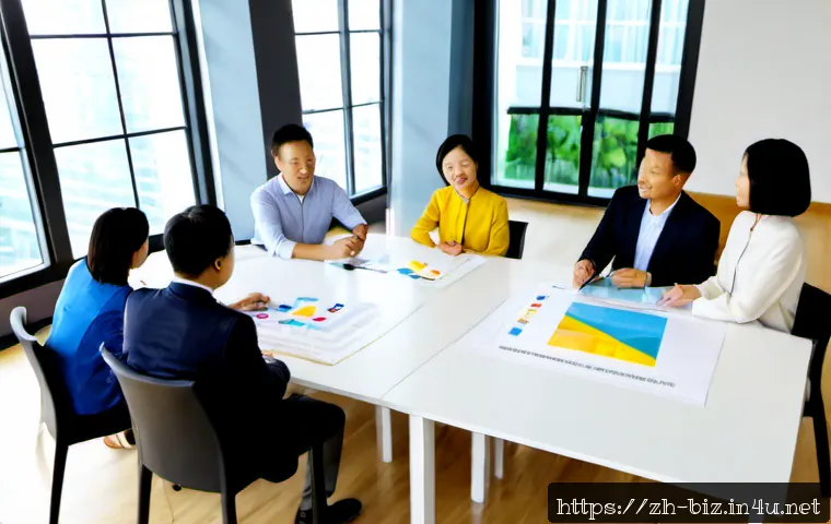 기업 혁신 전략 - Photorealistic corporate innovation strategy meeting in a bright modern office, diverse Asian busine...