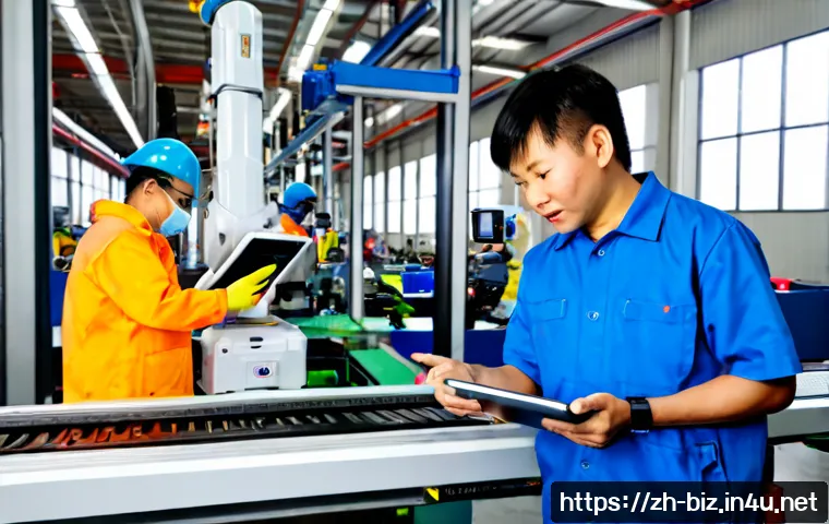 제조업 경쟁력 강화 - Photorealistic modern manufacturing facility, diverse engineering team in clean safety gear reviewin...