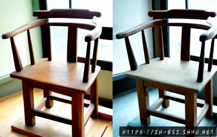품질 향상 방법 - Photorealistic quality improvement concept, split-screen close-up of the same handcrafted wooden cha...
